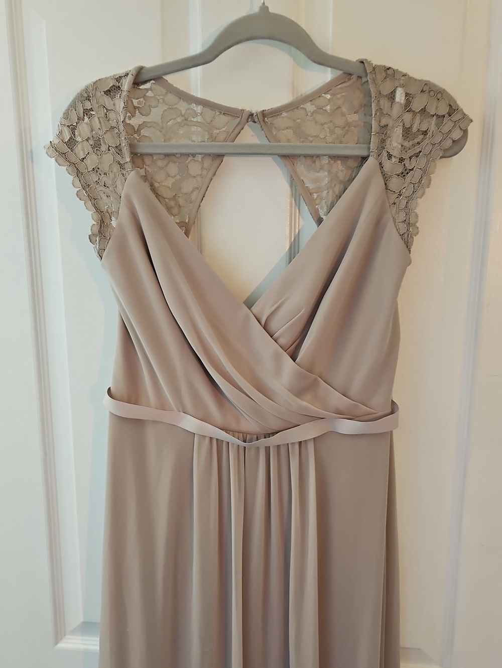 David's Bridal Taupe Lace-Cap Maxi Dress